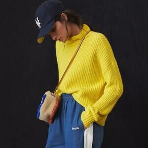 Anthropologie Funnel Mock Neck Electric Lemon Ribbed Knit Sweater Size XS
